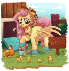 Size: 1940x2000 | Tagged: safe, artist:ariamidnighters, derpibooru import, fluttershy, bird, chicken, pegasus, pony, boots, bow, braid, chicken coop, clothes, collar, color pencil, coloured pencil, cute, cyrillic, daaaaaaaaaaaw, female, fence, floppy ears, flower hat, hat, heart, heart eyes, hen, looking at something, looking down, mare, one wing out, outdoors, pencil, pencil case, raised hoof, shirt collar, shoes, shyabetes, sign, smiling, solo, spread wings, standing, tabun art-battle, tabun art-battle cover, tail bow, three quarter view, translated in the description, wholesome, wingding eyes, wings