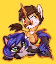 Size: 664x750 | Tagged: safe, artist:kabukihomewood, derpibooru import, oc, oc:buckaroo, oc:pox, unofficial characters only, bat pony, pony, unicorn, badge, con badge, duo, duo female, female, looking at each other, mare, on top, open mouth, prone, siblings, simple background, sisters, traditional art, unshorn fetlocks, yellow background