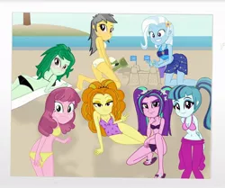 Size: 1024x856 | Tagged: suggestive, artist:charliexe, artist:grapefruitface1, derpibooru import, adagio dazzle, aria blaze, cheerilee, daring do, sonata dusk, trixie, wallflower blush, equestria girls, base used, beach, bikini, blushing, breasts, bucket, clothes, looking at you, one-piece swimsuit, sandals, sandcastle, spade, swimsuit, the dazzlings, tree