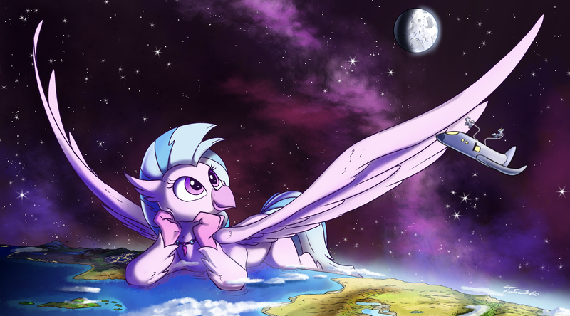 Size: 4112x2281 | Tagged: artist:tsitra360, atmosphere, classical hippogriff, commission, cute, derpibooru import, diastreamies, equestria, female, giantess, gigastream, high res, hippogriff, macro, moon, ocean, planet, safe, scenery, scenery porn, silverstream, spaceship