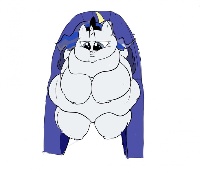 Size: 1280x1112 | Tagged: questionable, artist:astr0zone, derpibooru import, rarity, pony, unicorn, testing testing 1-2-3, belly, big belly, bingo wings, chubby cheeks, clothes, colored, colored sketch, cosplay, costume, crown, double chin, fake wings, fat, female, huge belly, jewelry, lunarity, mare, morbidly obese, neck roll, obese, old art, practice drawing, raritubby, regalia, rolls of fat, sitting, sketch, solo, solo female, squish, throne, wedged