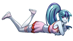 Size: 1024x569 | Tagged: safe, artist:rileyav, derpibooru import, sonata dusk, equestria girls, rainbow rocks, adorasexy, bracelet, breasts, cheerleader outfit, clothes, commission, cute, female, jewelry, looking at you, lying down, midriff, ponytail, sexy, shoes, sideboob, simple background, skirt, smiling, sneakers, socks, solo, sonatabetes, spiked wristband, sports bra, sports shoes, thigh highs, transparent background, underwear, wristband, zettai ryouiki