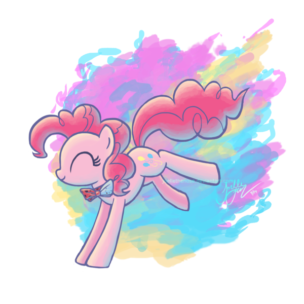 Size: 1440x1440 | Tagged: safe, artist:joellethenose, derpibooru import, pinkie pie, earth pony, pony, bowtie, bucking, colored background, cute, diapinkes, eyes closed, female, happy, jumping, mare, png, profile, signature, simple background, smiling, solo, transparent background