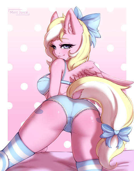 Size: 2784x3543 | Tagged: all fours, anthro, anthro oc, artist:mintjuice, ass, bed, blue underwear, bow, bra, breasts, butt, cameltoe, clothes, derpibooru import, dock, ear fluff, female, hair bow, looking at you, looking back, looking back at you, looking over shoulder, mare, oc, oc:bay breeze, panties, pegasus, presenting, rear view, sexy, socks, solo, solo female, stockings, striped socks, suggestive, tail bow, thigh highs, underwear, unofficial characters only