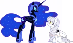 Size: 1066x627 | Tagged: safe, artist:ronyardraws, derpibooru import, nightmare moon, oc, alicorn, pegasus, pony, base used, canon x oc, ethereal mane, female, helmet, hoof shoes, leonine tail, lesbian, open mouth, pegasus oc, peytral, simple background, size difference, smiling, starry mane, transparent background, wings