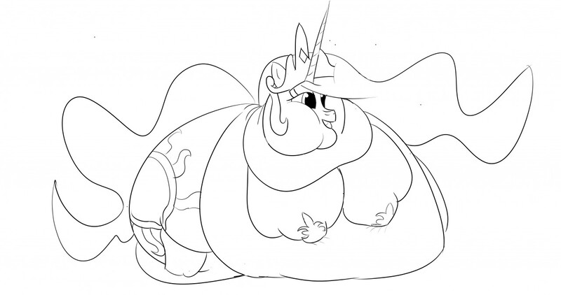 Size: 1280x675 | Tagged: questionable, artist:astr0zone, derpibooru import, princess celestia, alicorn, pony, belly, belly bed, big belly, bingo wings, chubby cheeks, chubbylestia, crown, double chin, fat, female, hoof shoes, huge belly, immobile, impossibly large belly, jewelry, mare, morbidly obese, neck roll, obese, old art, open mouth, practice drawing, regalia, rolls of fat, sketch, smiling, solo, solo female