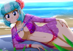 Size: 2060x1440 | Tagged: suggestive, artist:the-butch-x, derpibooru import, coco pommel, human, equestria girls, beach, beautiful, big breasts, bikini, blushing, breasts, busty coco pommel, clothes, commission, equestria girls-ified, female, humanized, looking at you, prone, see-through, sexy, smiling, solo, solo female, swimsuit