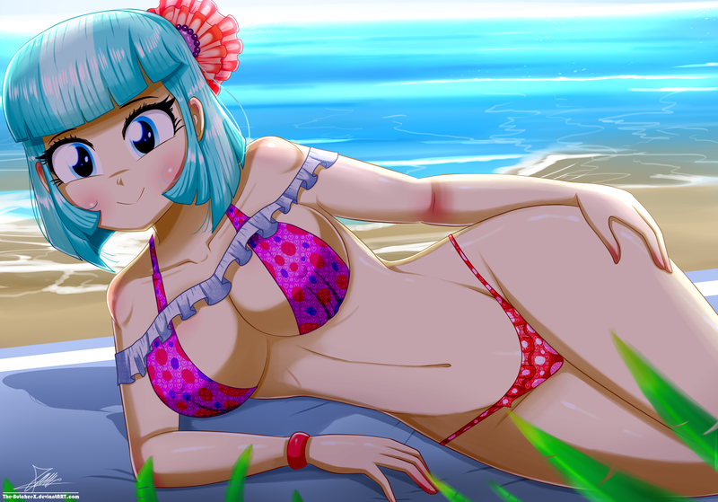 Size: 2060x1440 | Tagged: suggestive, alternate version, artist:the-butch-x, derpibooru import, coco pommel, human, equestria girls, beach, beautiful, big breasts, bikini, blushing, breasts, busty coco pommel, clothes, commission, equestria girls-ified, female, humanized, looking at you, prone, sexy, smiling, solo, solo female, stupid sexy coco pommel, swimsuit