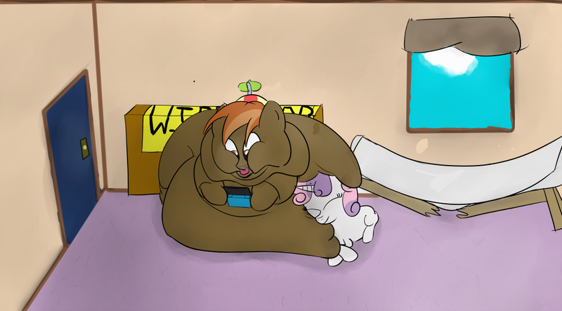 Size: 1000x554 | Tagged: questionable, artist:astr0zone, derpibooru import, button mash, sweetie belle, earth pony, pony, unicorn, 3ds, bed, bedroom, belly, belly bed, bhm, big belly, bingo wings, blob, broken, butt, button smash, chubby cheeks, colt, door, double chin, eyes closed, fat, female, filly, furniture abuse, gaming, hat, huge belly, huge butt, immobile, impossibly large belly, impossibly large butt, large butt, male, morbidly obese, neck roll, obese, old art, open mouth, playing, practice drawing, prone, propeller hat, rolls of fat, shipping, smiling, snuggling, straight, sweetiemash, video game, window