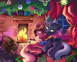 Size: 3040x2448 | Tagged: artist:saxopi, changeling, christmas, christmas changeling, derpibooru import, fireplace, holiday, oc, oc:flavis, oc:red flux, red changeling, safe, unofficial characters only, yellow changeling, yellow eyes