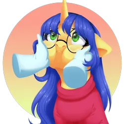 Size: 1500x1500 | Tagged: safe, artist:nika-rain, derpibooru import, oc, oc:logical leap, unofficial characters only, human, pony, unicorn, :i, clothes, commission, cute, disembodied hand, female, floppy ears, glasses, hand, looking up, mare, solo focus, squishy cheeks, sweater, ych result