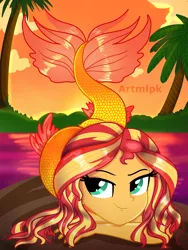 Size: 1536x2048 | Tagged: safe, artist:artmlpk, derpibooru import, sunset shimmer, mermaid, equestria girls, adorasexy, adorkable, alternate hairstyle, beautiful, cute, digital art, dork, fanart, female, fins, island, looking at you, mermaidized, not fiery shimmer, ocean, palm tree, rock, scales, sexy, shimmerbetes, smiling, smiling at you, solo, species swap, sunset, tail, tree, water, watermark