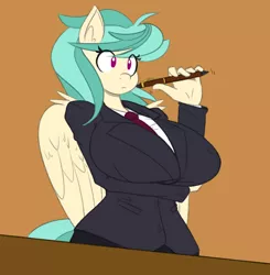 Size: 812x828 | Tagged: anthro, anthro oc, artist:certificate, artist:reiduran, big breasts, breasts, business suit, clothes, derpibooru import, edit, female, huge breasts, mare, necktie, oc, oc:ostria chime, solo, solo female, suggestive, unofficial characters only