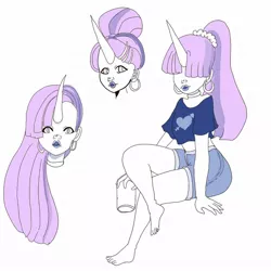 Size: 1080x1080 | Tagged: 2020, 2020s, alternate design, alternate hairstyle, artist:poutybun_draws, barefoot, clothes, crossed legs, cup, denim shorts, derpibooru import, ear piercing, earring, feet, female, hair over eyes, horn, horned humanization, human, humanized, jewelry, piercing, safe, shorts, simple background, sitting, sultry pose, white background