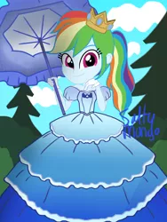 Size: 1536x2048 | Tagged: safe, artist:saltymango, derpibooru import, parasol, rainbow dash, equestria girls, alternate clothes, alternate hairstyle, clothes, crown, cute, dress, gown, jewelry, princess, rainbow dash always dresses in style, regalia, smiling at you, solo