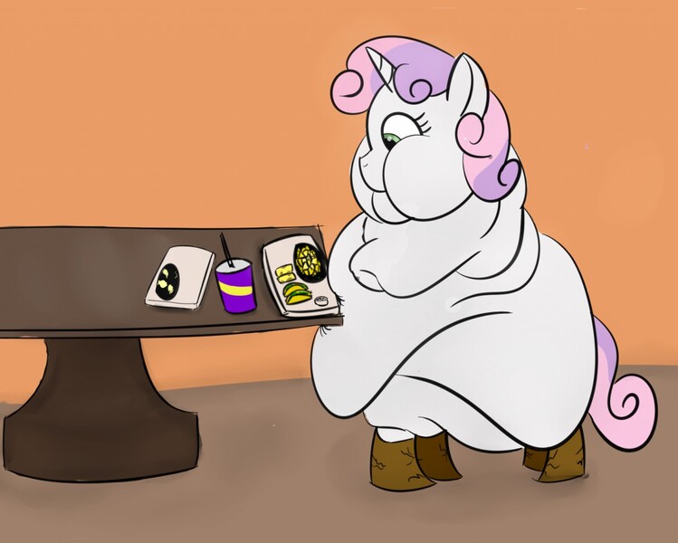Size: 1280x1026 | Tagged: questionable, artist:astr0zone, derpibooru import, sweetie belle, pony, unicorn, belly, big belly, bingo wings, burrito, butt, chips, chubby cheeks, double chin, eating, fast food, fat, female, filly, food, furniture abuse, huge belly, huge butt, large butt, morbidly obese, nachos, obese, old art, practice drawing, pun, rolls of fat, sitting, soda, solo, solo female, stool, sweetie belly, sweetie butt, table, taco, taco belle, tray