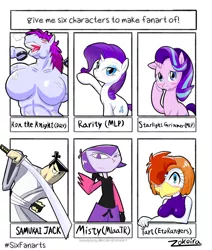 Size: 1440x1696 | Tagged: safe, artist:zokoira, derpibooru import, rarity, starlight glimmer, anthro, bird, chicken, human, pony, unicorn, six fanarts, anthro with ponies, bedroom eyes, blushing, bust, clothes, crossover, dragon quest (game), eyelashes, frog (hoof), horseshoes, katana, kon the knight, makeup, male, misty (my life as a teenage robot), muscles, my life as a teenage robot, one eye closed, open mouth, panting, raised hoof, samurai jack, stallion, sword, underhoof, weapon, wink