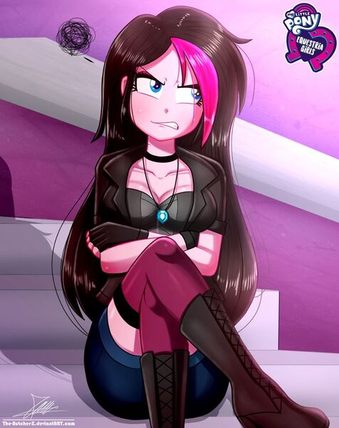 Size: 761x960 | Tagged: safe, artist:the-butch-x, derpibooru import, oc, oc:zoe star pink, unofficial characters only, equestria girls, 2020, 2020s, angry, blue eyes, blushing, boots, breasts, butch's hello, canterlot high, cleavage, clothes, collar, crossed arms, denim shorts, emo, equestria girls logo, equestria girls-ified, female, fingerless gloves, gift art, gloves, gritted teeth, hello x, jacket, jewelry, logo, multicolored hair, necklace, peeved, sexy, shoes, shorts, signature, sitting, solo, steps, tomboy