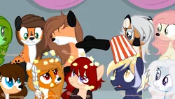 Size: 1266x720 | Tagged: safe, artist:skulifuck, derpibooru import, oc, oc:fox trot, unofficial characters only, fox, fox pony, hybrid, pony, annoyed, base used, braid, female, food, group, looking up, male, open mouth, popcorn, sitting