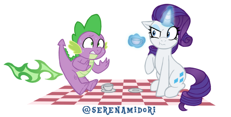 Size: 1280x650 | Tagged: safe, artist:serenamidori, derpibooru import, rarity, spike, dragon, pony, unicorn, embarrassed, fart, female, fire, fire fart, green fire, levitation, magic, male, mare, picnic, picnic blanket, simple background, sitting, sweat, telekinesis, transparent background