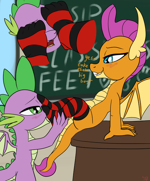 Size: 3800x4600 | Tagged: artist:littlenaughtypony, chalkboard, clothes, derpibooru import, feet, feet sniffing, female, fetish, foot fetish, male, shipping, smolder, socks, spike, spolder, straight, striped socks, suggestive