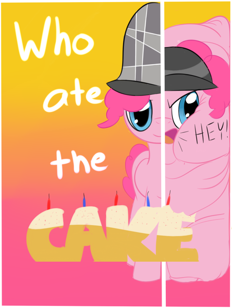 Size: 781x1037 | Tagged: questionable, artist:astr0zone, derpibooru import, pinkie pie, earth pony, pony, mmmystery on the friendship express, annoyed, belly, big belly, bingo wings, bite mark, bowler hat, cake, candle, chubby cheeks, comparison, cramped, deerstalker, detective, fat, female, flabby chest, food, fourth wall, gradient background, hat, hey, huge belly, impossibly large belly, mare, morbidly obese, obese, old art, open mouth, parody, pudgy pie, rolls of fat, squish, stuck, two sided posters, two sides, weight gain