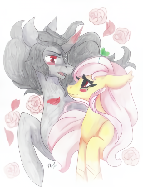Size: 458x600 | Tagged: safe, artist:skulifuck, derpibooru import, king sombra, oc, oc:shy sprout, pegasus, pony, unicorn, canon x oc, female, flower, makeup, male, mare, not fluttershy, pegasus oc, rose, shipping, signature, stallion, straight, traditional art, wings