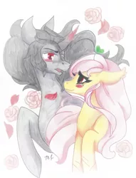 Size: 458x600 | Tagged: safe, artist:skulifuck, derpibooru import, king sombra, oc, oc:shy sprout, pegasus, pony, unicorn, canon x oc, female, flower, makeup, male, mare, not fluttershy, pegasus oc, rose, shipping, signature, stallion, straight, traditional art, wings