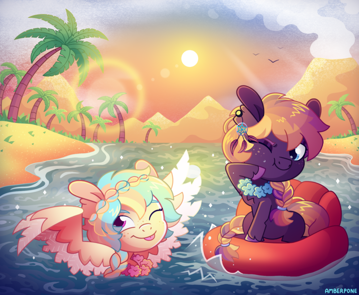 Size: 1688x1388 | Tagged: safe, artist:amberpone, derpibooru import, oc, oc:indigo, oc:oasis (azure art wave), unofficial characters only, earth pony, pegasus, pony, beach, braid, cute, digital art, female, mare, summer, sun, swimming, water, wings