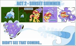 Size: 1280x781 | Tagged: safe, artist:vacuumvorer, derpibooru import, sunset shimmer, trixie, pony, unicorn, comic, dialogue, female, glowing horn, hat vore, horn, mare, sucking in, vore