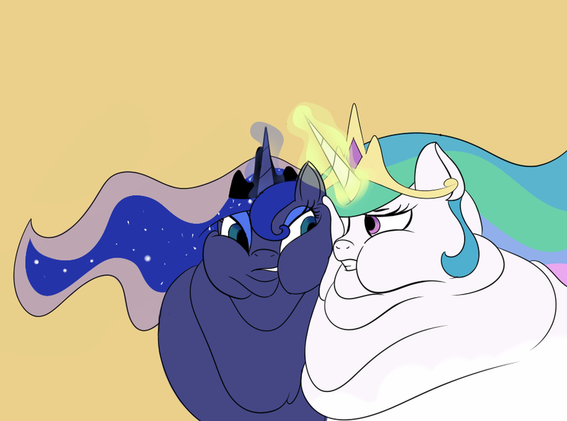 Size: 915x681 | Tagged: questionable, artist:astr0zone, derpibooru import, princess celestia, princess luna, alicorn, pony, blob, blobface, brown background, cheek squish, cheek to cheek, chubbylestia, crown, double chin, duo, duo female, fat, female, glowing horn, gritted teeth, horn, jewelry, looking at each other, mare, morbidly obese, neck roll, obese, old art, one eye closed, princess moonpig, regalia, rolls of fat, royal fitness, royal sisters, sibling rivalry, siblings, simple background, sisters, squishy cheeks, triple chin