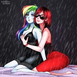 Size: 1500x1500 | Tagged: suggestive, artist:depressiverami, derpibooru import, rainbow dash, oc, oc:may french, equestria girls, black dress, breast grab, breasts, busty rainbow dash, canon x oc, clothes, commissioner:ajnrules, dress, evil grin, female, grin, grope, lesbian, little black dress, pose, rain, rainbow dash always dresses in style, red dress, sims, sleeveless, smiling, sunglasses, wet clothes, wet dress