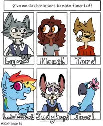 Size: 1080x1315 | Tagged: safe, artist:mira.artsyy, derpibooru import, rainbow dash, bird, human, parrot, rabbit, wolf, six fanarts, animal, beastars, bust, clothes, crossover, dark skin, eddsworld, female, flower, flower in hair, hazel, jewel (rio), judy hopps, legosi (beastars), necktie, one eye closed, open mouth, percy jackson, rio (movie), smiling, tord larsson, wink, zootopia