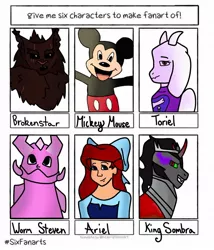 Size: 1080x1263 | Tagged: safe, artist:stella_drawz_stuff, derpibooru import, king sombra, anthro, cat, dragon, goat, mouse, unicorn, six fanarts, anthro with ponies, ariel, armor, bow, bust, clothes, eye scar, female, grin, hair bow, male, mickey mouse, open mouth, scar, smiling, sombra eyes, stallion, steven universe, the little mermaid, toriel, undertale, warrior cats