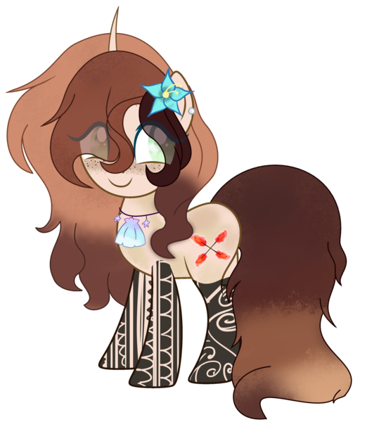 Size: 2671x3068 | Tagged: safe, artist:celestial-rue0w0, derpibooru import, oc, oc:flashy flare, unofficial characters only, pony, unicorn, commission, curved horn, ear piercing, earring, female, flower, flower in hair, freckles, horn, jewelry, mare, necklace, piercing, seashell, simple background, solo, tattoo, transparent background