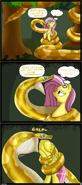 Size: 1536x3460 | Tagged: suggestive, artist:devittshao, derpibooru import, fluttershy, pegasus, pony, snake, coils, comic, female, female prey, flutterprey, hypnosis, mare, oral vore, unwilling prey, vore