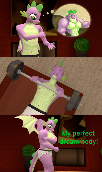 Size: 1920x3240 | Tagged: 3d, anthro, artist:papadragon69, barbell, beefspike, belly button, clothes, comic, derpibooru import, dragon, exercise, gigachad spike, krabby road, male, muscles, muscular male, older, older spike, reference, sfm pony, source filmmaker, spike, spongebob reference, spongebob squarepants, suggestive, underwear, winged spike, workout