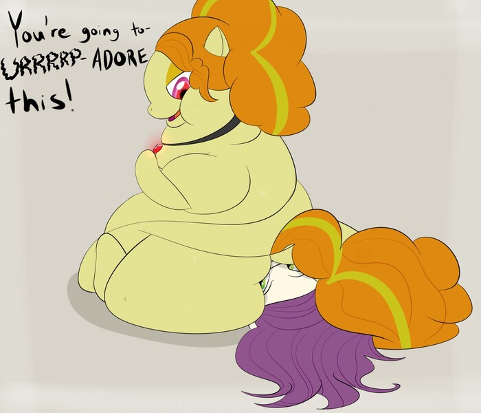 Size: 1280x1097 | Tagged: questionable, artist:astr0zone, derpibooru import, adagio dazzle, oc, oc:vivi, ponified, earth pony, pony, adagio dat-azzle, adagio wobble, belly, big belly, bingo wings, burp, butt, chubby cheeks, commission, dialogue, double chin, faceful of ass, facesitting, fat, gassy, gem, gray background, huge butt, imminent fart, implied farting, jewelry, large butt, morbidly obese, necklace, obese, old art, open mouth, rolls of fat, simple background, siren gem, sitting