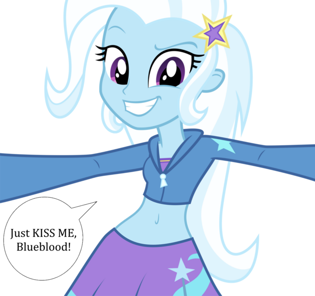 Size: 1280x1201 | Tagged: safe, artist:ponyalfonso, derpibooru import, edit, prince blueblood, trixie, equestria girls, belly button, bluetrix, clothes, cropped hoodie, female, imminent kissing, male, midriff, perspective, shipping, short shirt, simple background, skirt, solo, speech bubble, straight, transparent background, vector