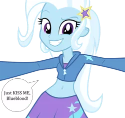 Size: 1280x1201 | Tagged: safe, artist:ponyalfonso, derpibooru import, edit, prince blueblood, trixie, equestria girls, belly button, bluetrix, clothes, cropped hoodie, female, imminent kissing, male, midriff, perspective, shipping, short shirt, simple background, skirt, solo, speech bubble, straight, transparent background, vector