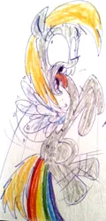 Size: 1457x3032 | Tagged: safe, artist:colossalstinker, derpibooru import, derpy hooves, pegasus, pony, fart, female, mare, rainbow fart, solo, tongue out, traditional art