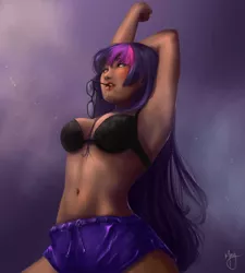 Size: 1920x2133 | Tagged: armpits, artist:maysada, beautiful, beautisexy, black bra, bra, breasts, busty twilight sparkle, clothes, commission, dark, dark skin, derpibooru import, female, glasses, glasses in mouth, human, humanized, sexy, shorts, solo, solo female, stretching, suggestive, twilight sparkle, underwear, ych result