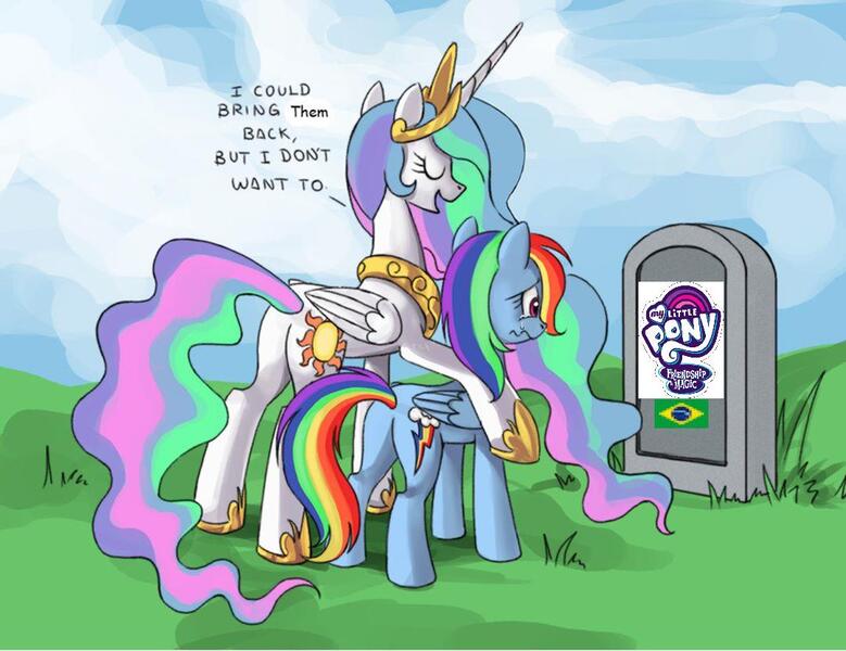 Size: 1080x832 | Tagged: safe, artist:ponykillerx, derpibooru import, princess celestia, rainbow dash, alicorn, pegasus, pony, brazil, butt, celestia's grave meme, crying, end of an era, end of g4, end of ponies, exploitable meme, female, gravestone, implied death, in-universe pegasister, mare, meme, my little pony logo, plot, rest in peace, the end, tombstones