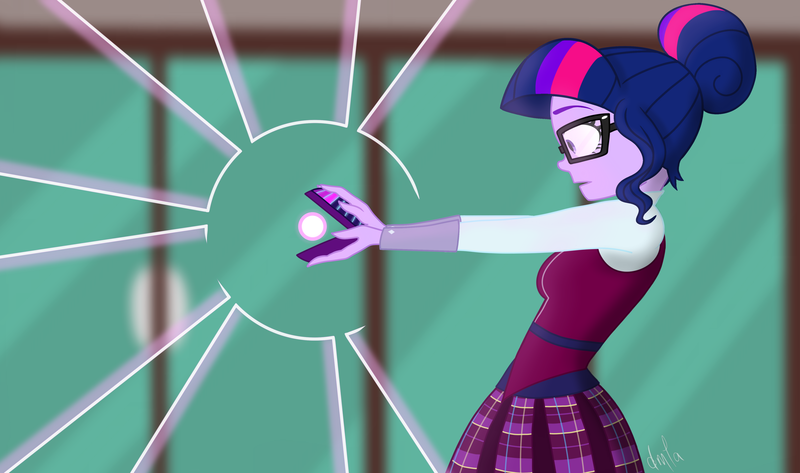 Size: 4574x2705 | Tagged: safe, artist:dancingmylifeaway, derpibooru import, sci-twi, twilight sparkle, equestria girls, friendship games, blurred background, canterlot high, clothes, device, female, glasses, magic, magic capture device, redraw, school uniform, solo, unleash the magic, wide eyes