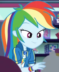 Size: 882x1080 | Tagged: safe, derpibooru import, screencap, rainbow dash, equestria girls, equestria girls series, holidays unwrapped, spoiler:eqg series (season 2), clothes, cloud, cropped, cute, dashabetes, dashing through the mall, female, geode of super speed, jacket, jewelry, lidded eyes, looking down, magical geodes, merchandise, necklace, rainbow, shirt, short sleeves, smiling, store, stuffed animals, t-shirt, thunderbolt, wristband