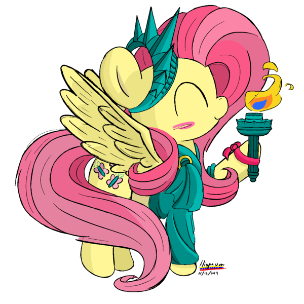 Size: 1450x1450 | Tagged: safe, artist:hisp, derpibooru import, fluttershy, pegasus, blushing, clothes, costume, cute, eyes closed, fire, long hair, png, simple background, solo, spread wings, statue of liberty, transparent background, united states, wings