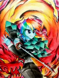 Size: 2322x3096 | Tagged: safe, artist:liaaqila, derpibooru import, rainbow dash, equestria girls, crossover, demon slayer, female, kimetsu no yaiba, solo, sword, weapon