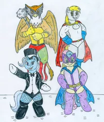 Size: 850x991 | Tagged: artist:jose-ramiro, bon bon, clothes, cosplay, costume, derpibooru import, derpy hooves, gilda, hawkman, hoof gloves, huntress, power girl, safe, sweetie drops, trixie, zatanna