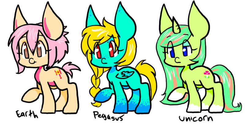 Size: 857x433 | Tagged: safe, artist:beasht, derpibooru import, oc, unofficial characters only, earth pony, pegasus, pony, unicorn, base used, braid, earth pony oc, eye clipping through hair, horn, pegasus oc, raised hoof, simple background, socks (coat marking), unicorn oc, white background, wings