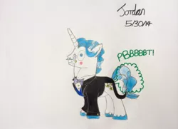 Size: 1024x742 | Tagged: safe, artist:jordansilverblade17, derpibooru import, fancypants, pony, unicorn, blushing, clothes, embarrassed, fart, fart noise, male, monocle, onomatopoeia, solo, sound effects, stallion, traditional art, wide eyes